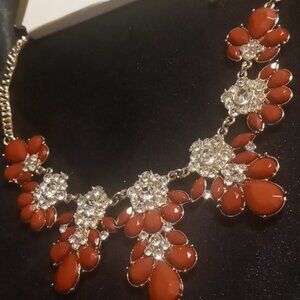 Statement bib necklace burnt red color jeweled on a curb chain 28+2 inches long